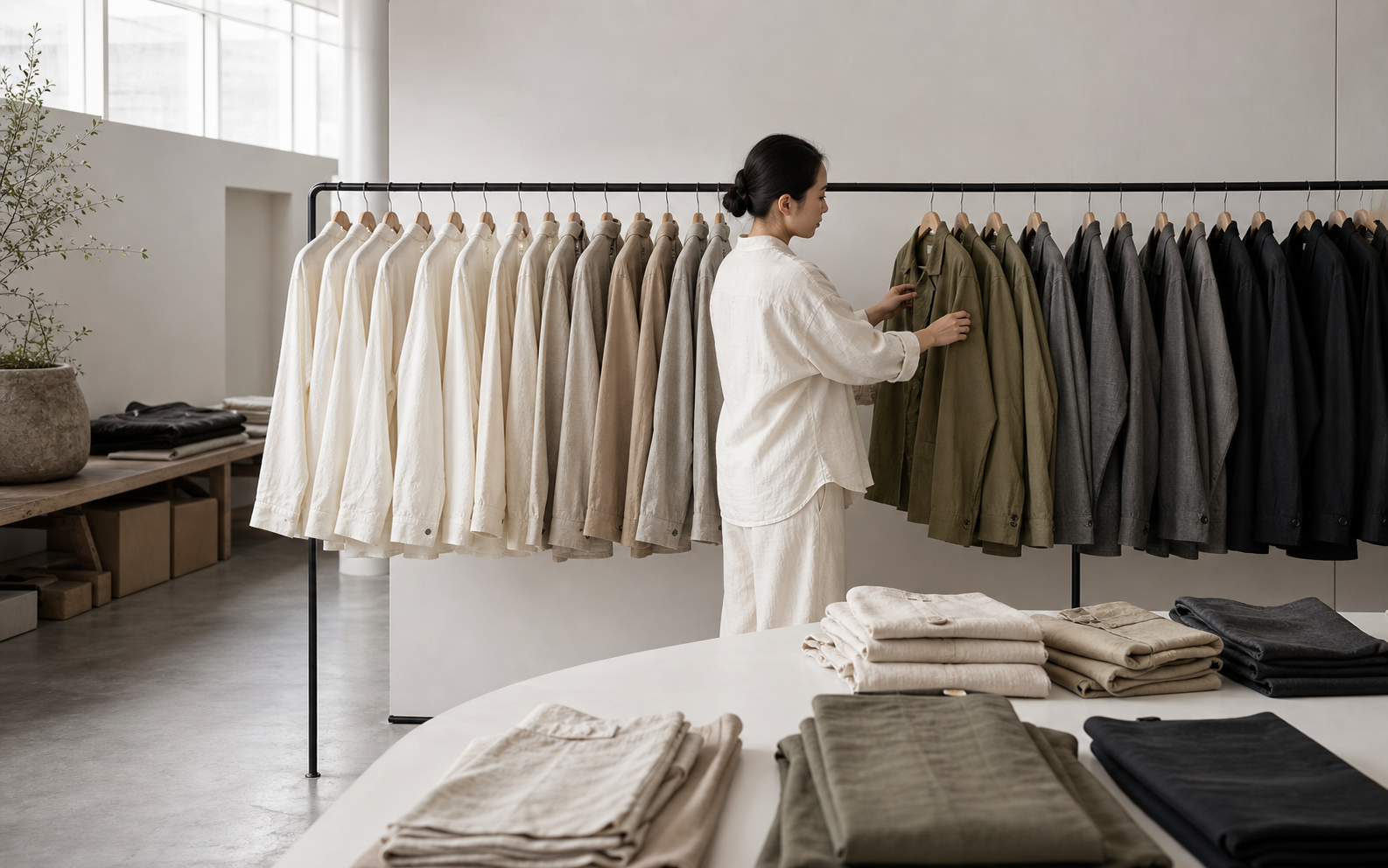 Apparel studio with a neutral jacket stocklot rail