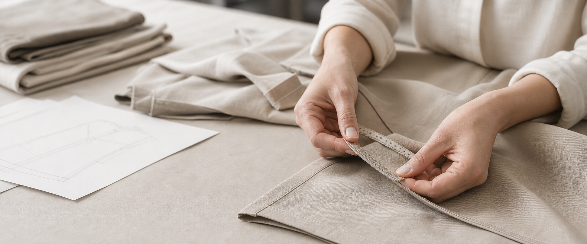 Hands checking a garment seam in an apparel workroom